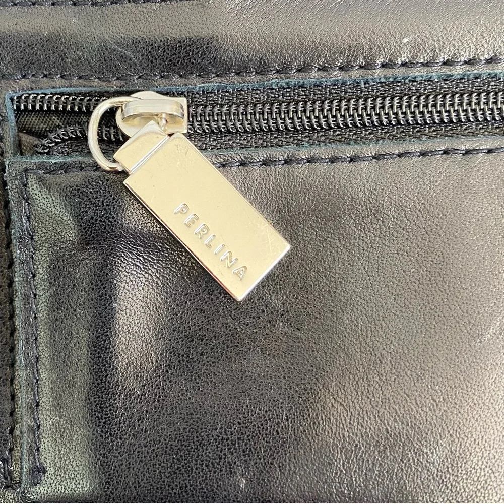 Perlina Black Leather Trifold Ladies Wallet Clutch